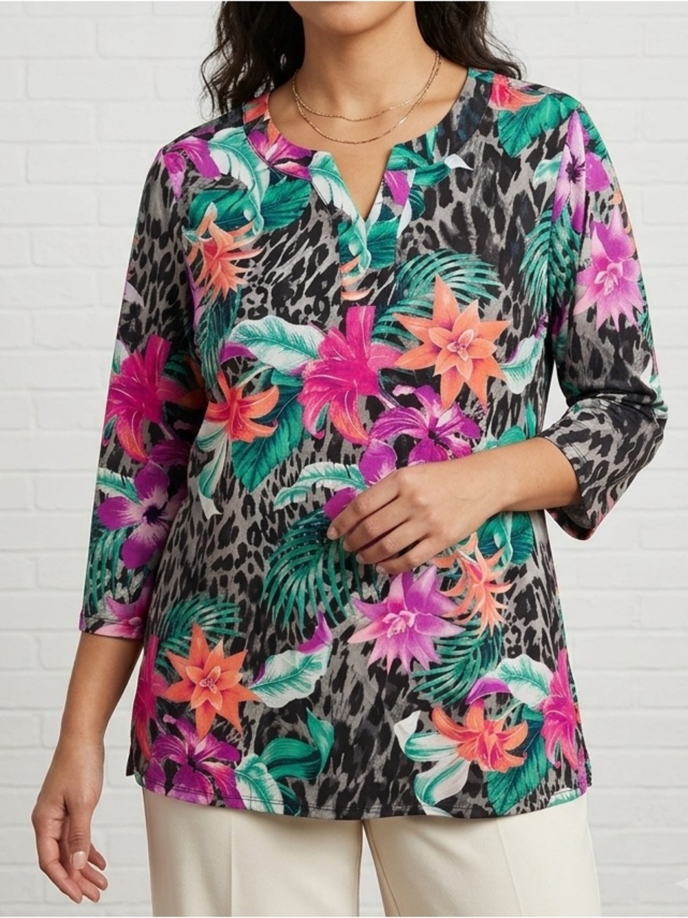 NWT IMAN Global Chic Tropical Floral Leopard Print Tunic Blouse Women’s Medium